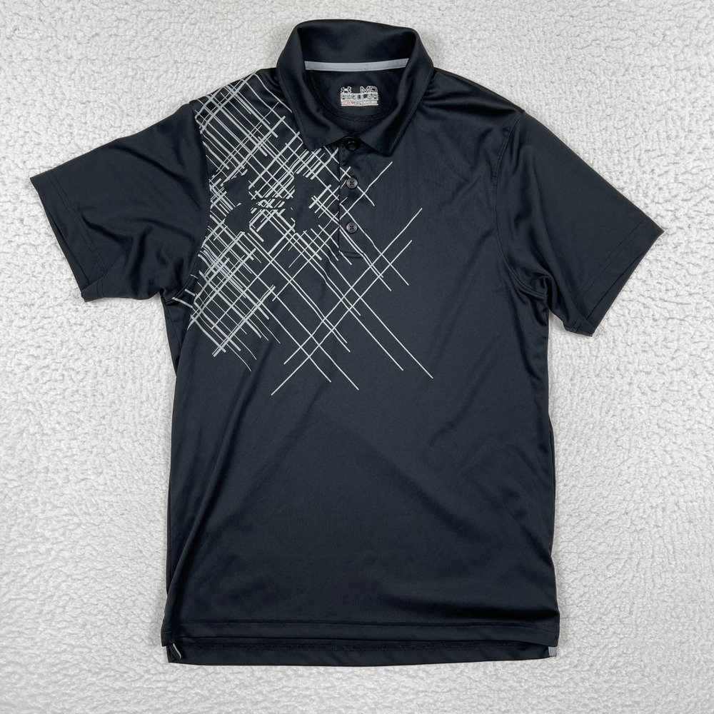 Under Armour Polo Shirt Mens Medium Black Graphic HeatGear Golf Athletic 1215974